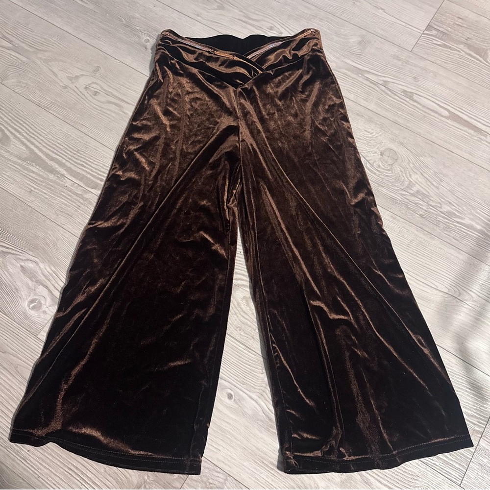 Vintage Y2K VIVENDI Brown Velvet Wide-Leg Sequined Gaucho Style Pants, Size S